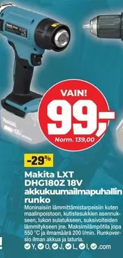 Makita - LXT DHG180Z 18V akkukuumailmapuhallin runko