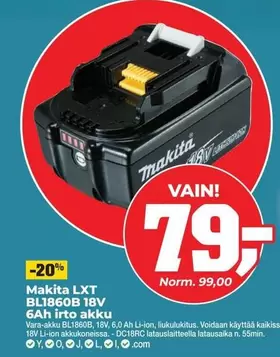 Makita - LXT BL1860B 18V 6Ah irto akku