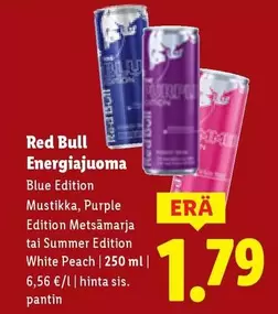 Energiajuoma Blue Edition Mustikka, Purple Edition Metsämarja tai Summer Edition White Peach