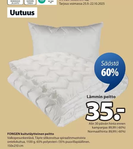 kuitutäytteinen peitto