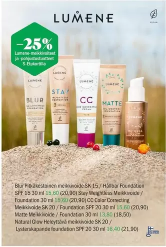 Blur Pitkäkestoinen meikkivoide SK 15, Stay Weightless Meikkivoide, CC Color Comecting Meikkivoide SK 20, Matte Meikkivoide, Natural Glow Heleyttävä meikkivoide SK 20, Lysterskapande foundation SPF 20