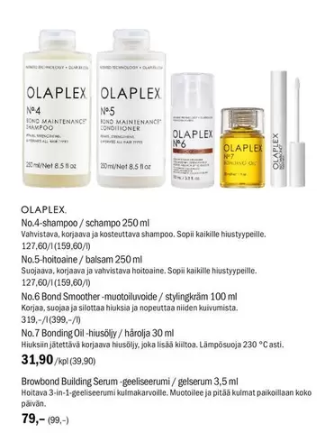 No.4-shampoo/schampo 250 ml, No.5-hoitoaine/balsam 250ml, No.6 Bond Smoother-muotoiluvoide/stylingkräm 100 ml, No.7 Bonding Oil-hiusöljy/håroja 30 ml, Browbond Building Serum-geeliseerumi/gelserum 3,5 ml