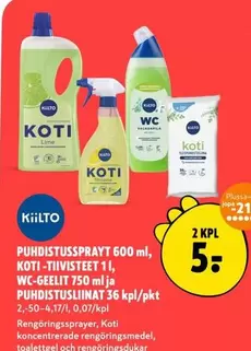 Lime - PUHDISTUSSPRAYT 600 ml, KOTI -TIIVISTEET 1 l, WC-GEELIT 750 ml ja PUHDISTUSLIINAT 36 kpl/pkt