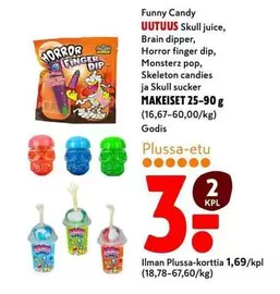 Skull juice, Brain dipper, Horror finger dip, Monsterz pop, Skeleton candies ja Skull sucker