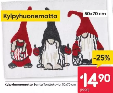 Kylpyhuonematto Santa Tonttukuvio. 50x70 cm