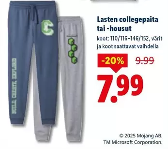 Lasten collegepaita tai -housut