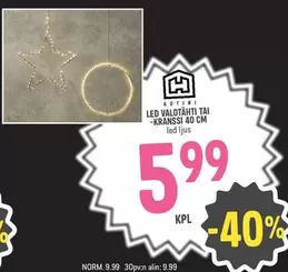 LED VALOTÄHTI TAI -KRANSSI 40 CM