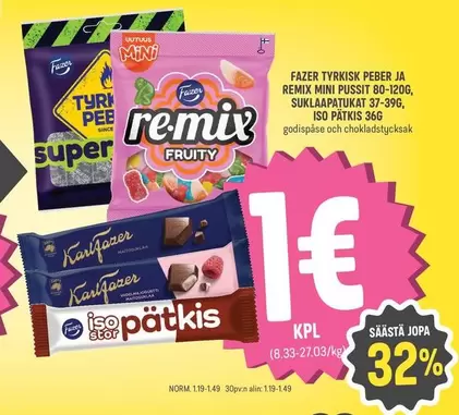 TYRKISK PEBER JA REMIX MINI PUSSIT, SUKLAAPATUKAT, ISO PATKIS