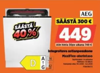Integroitava astianpesukone MaxiFlex-aterintaso