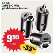 2xUSB-C 45W pikalataava autolaturi