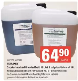 Saostuskemikaali 1 ferrisulfaatti 15 L tai 2 polyalumiinikloridi 15 L