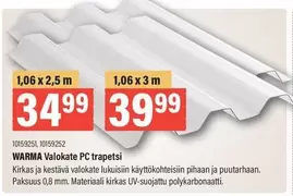 WARMA Valokate PC trapetsi 10159251, 10159252