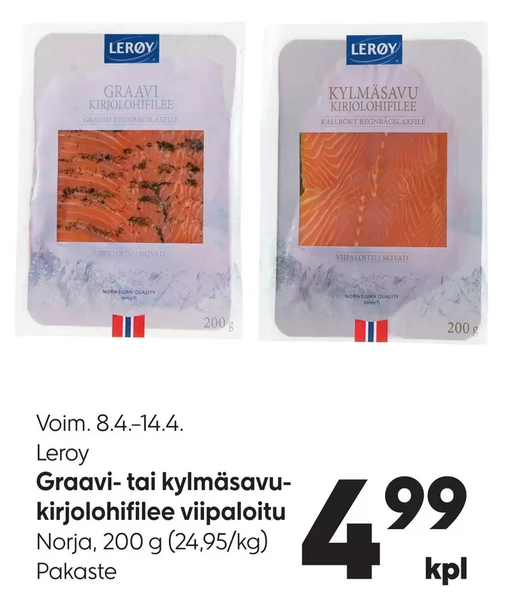 Graavi- tai kylmäsavu-kirjolohifilee viipaloitu