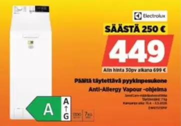 Päälle täytettävä pyykinpesukone Anti-Allergy Vapour -ohjelma
