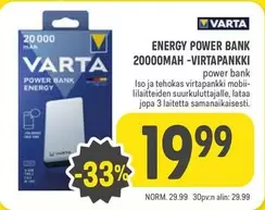ENERGY POWER BANK 20000MAH -VIRTAPANKKI