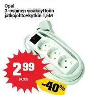 Opal - 3-osainen sisäkäyttöön jatkojohto+kytkin 1,5M
