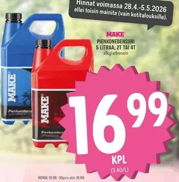 PIENKONEBENSIIINI 5 LITRAA, 2T TAI 4T alkylatbensin