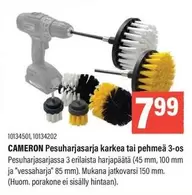 Pesuharjasarja karkea tai pehmeä 3-os. Pesuharjasarja 3 erilaista harjapäätä (45 mm, 100 mm ja "vessaharja" 85 mm). Mukana jatkovarsi 150 mm. (Huom. porakone ei sisälly hintaan). 10134501, 10134202