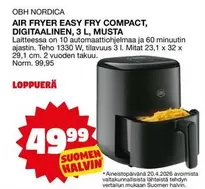 Obh Nordica - AIR FRYER EASY FRY COMPACT, DIGITAALINEN, 3 L, MUSTA