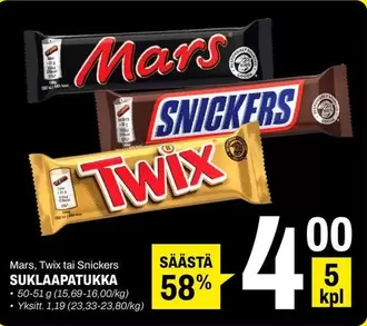 Snickers - Mars, Twix tai  SUKLAAPATUKKA