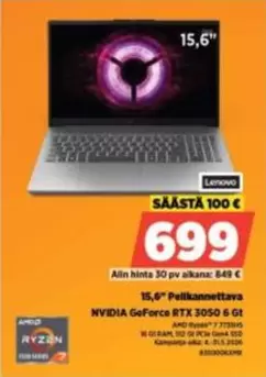 Nvidia - 15,6" Pelikannettava NVIDIA GeForce RTX 3050 6 Gt