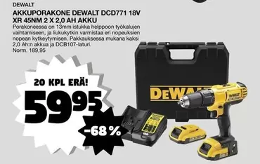 Dewalt - AKKUPORAKONE DCD771 18V XR 45NM 2 X 2,0 AH AKKU