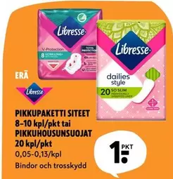 Libresse - PIKKUPAKETTI SITEET 8-10 kpl/pkt tai PIKKUHOUSENSUOJAT 20 kpl/pkt