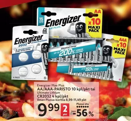 Energizer Max Plus AA/AAA-PARISTO 10 kpl/pkt tai Ultimate Lithium CR2032 4 kpl/pkt