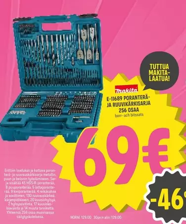 Makita - E-11689 Poranterä- ja Ruuvikärkisarja 256 OSAA