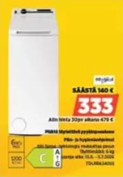 Päällekkäin täytettävä pyykinpesukone