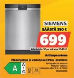 Siemens - Astianpesukone Pikaohjelma ja varioSpeed Plus -toiminto