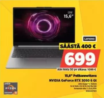 Nvidia - 15,6" Pelikannettava NVIDIA GeForce RTX 3050 6 Gt