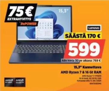 Amd - 15,3" Kannettava AMD Ryzen 7 & 16 Gt RAM