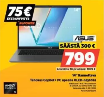 Asus - 14" Kannettava Tehokas Copilot+ PC upealla OLED-näytöllä
