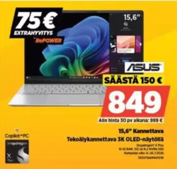 Asus - 15,6" Kannettava Tekoälykäytettävä 3K OLED-näytöllä