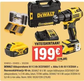 Dewalt - Akkuporakone 18 V 2 Ah DC D708D1T + Akku 5 Ah 18 V DC D8184 + Ruuvauskärkisarja 40-os. DC D708D1T-QW