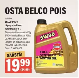 BELCO 5w30 täyssynteettinen moottoriöljy 4 L