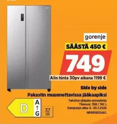 Side by side Pakastin-muunnnettavissa jääkaapiksi