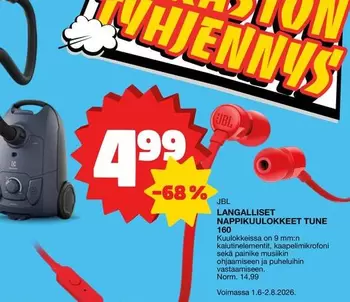 JBL - LANGALLISET NAPPIKUULOKKEET TUNE 160