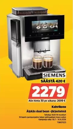 Siemens - Älykäs dual bean -järjestelmä Kahvikone