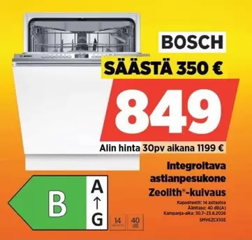 Integroiva astianpesukone Zeolith-kuivaus