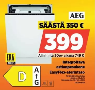 Integroiltava astianpesukone EasyFlex-aterintaso