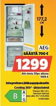 Integroitava jääkaappipakastin Cooling 360° -järjestelmä