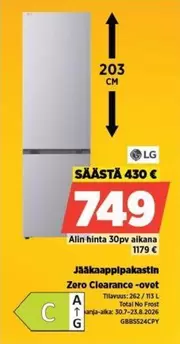 Jääkaappipakastin Zero Clearance -ovet