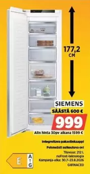 Siemens - Integroiva pakastinkaappi