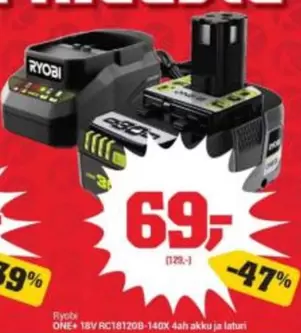 Ryobi - ONE+ 18V RC18120B-140X 4Ah akku ja laturi