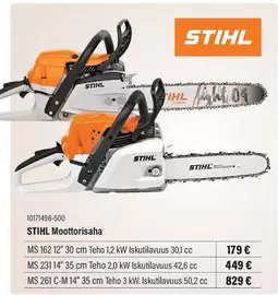 STIHL Moottorisaha MS 162 12" 30 cm Teho 1,2 kW Iskutilavuus 30J cc, MS 231 14" 35 cm Teho 2,0 kW Iskutilavuus 42,6 cc, MS 261 C-M 14" 35 cm Teho 3 kW. Iskutilavuus 50,2 cc
