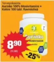 Aurinko 100% Monivitamiini + Koliini 100 tabl. Ravintolisä