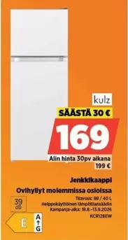 Jenkkikaappi Ovihyllyt molemmissa osioissa KCR12BEW