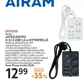 JATKOJOHTO 3+3 USB 1,4 m KYTKIMELLÄ